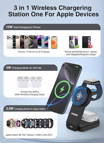 3-in-1 Charging Station for Apple MagSafe Charger, Foldable Wireless Charging Station Magnetic Charger Stand for iPhone 17 Air/16/15/14/13/12 Series/Apple Watch10-2/Airpods (Black)