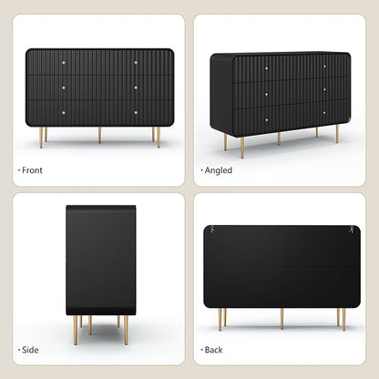 HLR Fluted 6 Drawers Dresser, 48'' Wide Modern Chest of Drawers with Gold Metal Handles,Dresser TV Stand for 2 Piece, Wood Dressers & Chest of Drawers for Bedroom, Living Room, Hallway (Black)