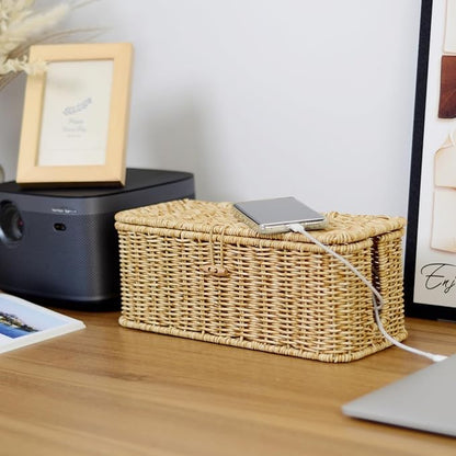 BROWNLILY Cable Management Box, Rattan Style Cord Organizer for Desk Cord Hider Outlet Covers Baby Proofing for Power Strip TV PC Router Charger Under Desk Storage - Natural Small