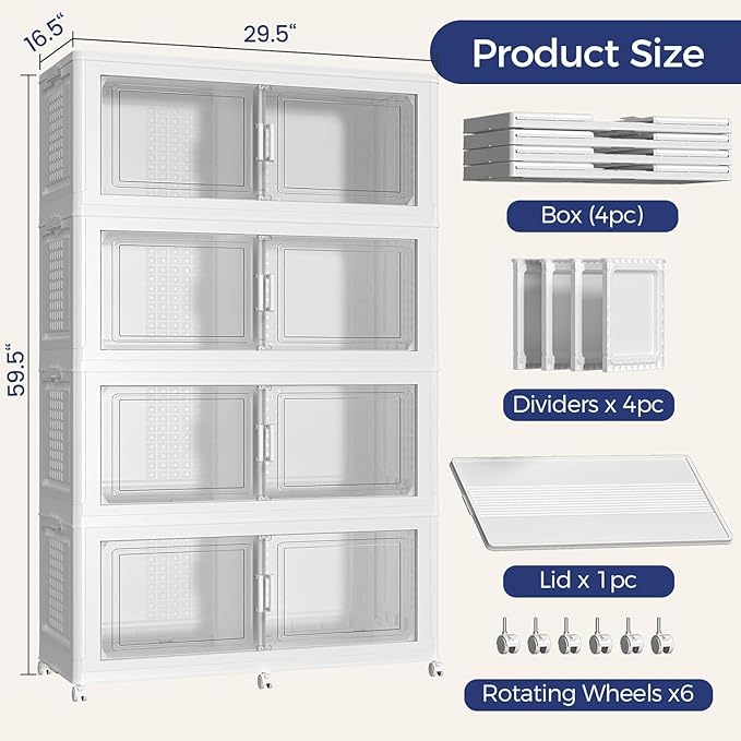 160GAL Storage Bins with Lid and Wheels, Stackable Closet Organizers and Storage Drawer, Collapsible Storage Box with Dividers, Foldable Plastic Cabinets for Room, Kitchen, 4 Pack White