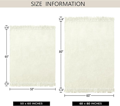 Chenille Throw Blanket for Couch 60"X 80" Twin, Soft Cozy Throws with Fringe Tassel for Bed Sofa Chair Cover, Lightweight Knitted Decorative Boho Blankets for Living Room, Ivory White