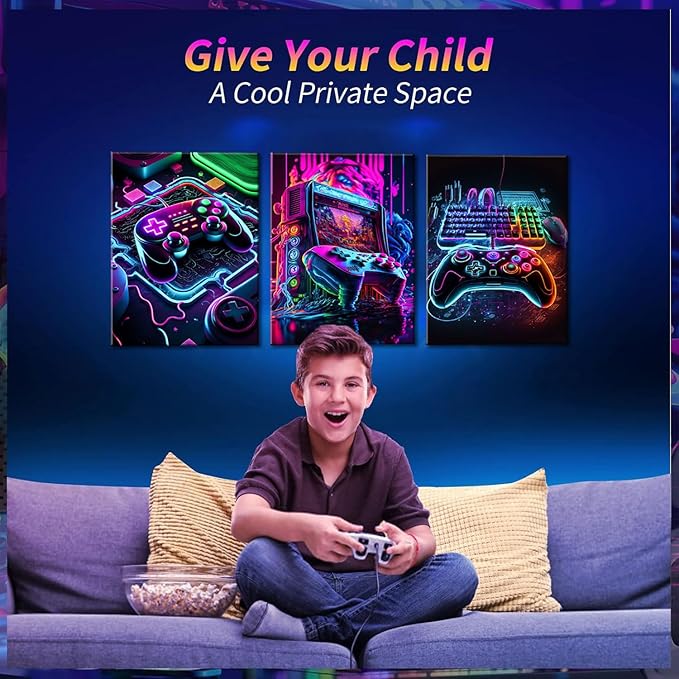 Game Room Decor Posters Set of 3 - Neon Gaming Accessories Theme Canvas Wall Art, Gamer Console Paintings Picture Wall Decor for Children Youth Boys Bedroom 16x24 inch Unframed