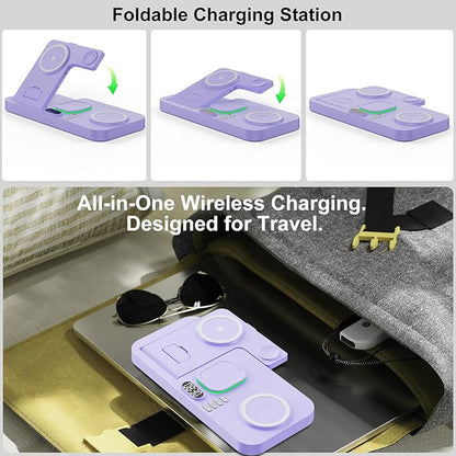Dual Phone Magnetic Wireless Charging Station for Apple Devices/Apple Ecosystem,with Auto-Switch 7-Color Light & Clock, Compatible with iPhone 17/16/15, for iWatch 11/10/9 & AirPods Pro3（Puple