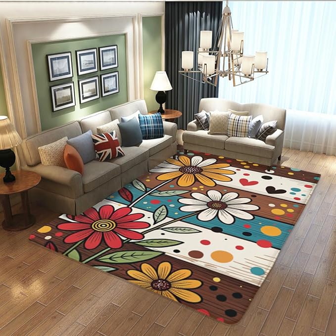 Machine Washable 3' x 5' Bohemian-Style Area Rug, Flowers Floor mat, Suitable for bedrooms, Girls' Room Bedside, Living Room, Dining Room, Office, Non-Slip Low-Pile Retro, Fashionable Carpet