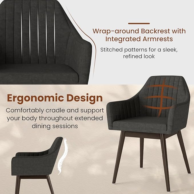 Giantex Upholstered Dining Chairs Set of 4, Mid Century Kitchen Chairs with Solid Wood Legs, Wrap-Around Backrest, Modern Accent Armchair for Living Room, Dining Room, Bedroom, Dark Grey