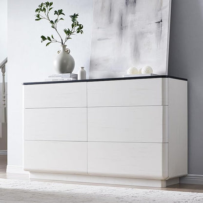 ACCOHOHO Modern 6 Drawer Dresser for Bedroom, 52" Wide Wooden Dressers with Large Storage,Handleless Chest of Drawers TV Stand for Living Room & Hallway, Curved Profile Design, White