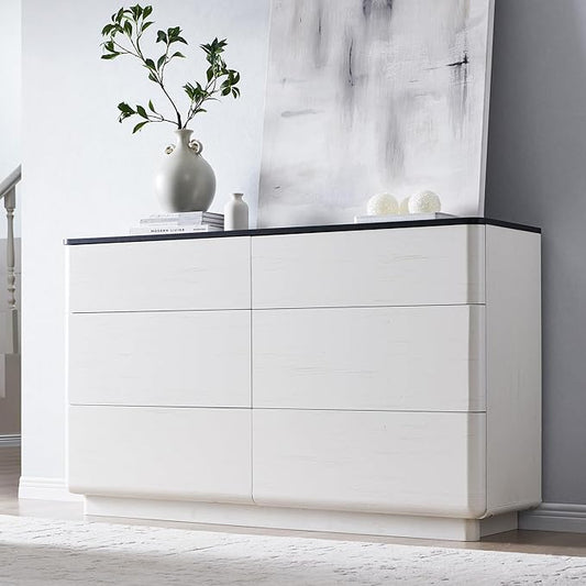 ACCOHOHO Modern 6 Drawer Dresser for Bedroom, 52" Wide Wooden Dressers with Large Storage,Handleless Chest of Drawers TV Stand for Living Room & Hallway, Curved Profile Design, White