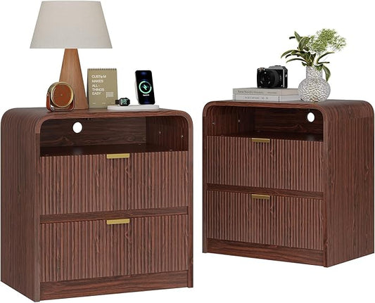 FURSUN 24" Fluted Nightstand Set of 2 with Charging Station, Wooden End Table with 2 Drawers Storage, Curved Profile Design, Modern Bedside Cabinet for Bedroom, Walnut