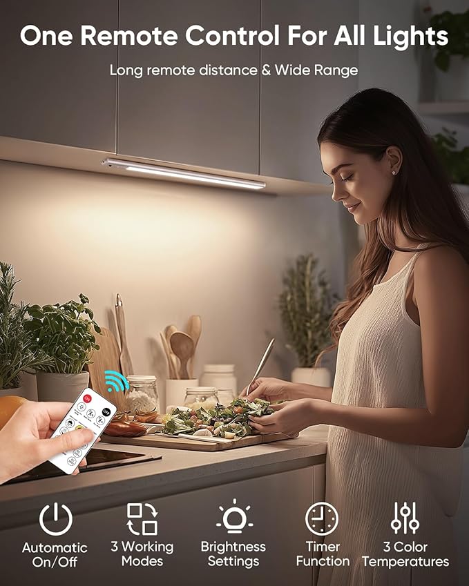 Under Cabinet Lighting Wireless, 2200mAh Rechargeable Battery Operated Motion Sensor Light Indoor, 3 Color Temps Under Counter Light, Dimmable Wireless Closet Lights w/Remote for Kitchen,Pantry,6 Pack