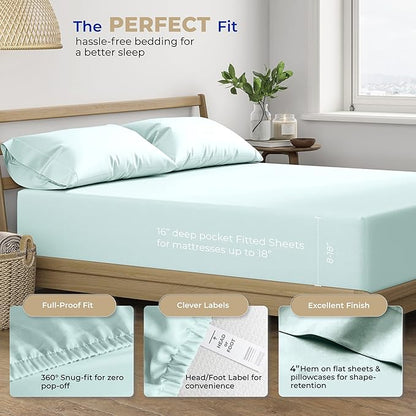 THREAD SPREAD 100% Cotton Queen Sheets Set - 400 Thread Count Queen Size Sheets (4 PC, Sea Foam), 16" Deep Pocket All Around Elastic, Soft, Cooling, Durable & Breathable Sateen Weave Bed Sheet Set