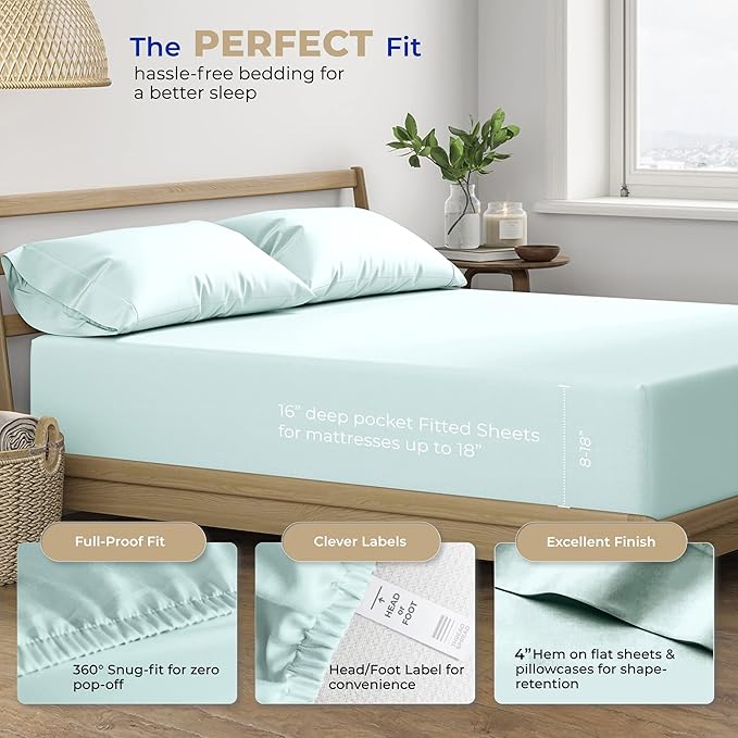 THREAD SPREAD 100% Cotton Bed Sheets Twin XL Set - 400 Thread Count Cotton Twin XL Sheets Only, 3 PC Set (Sea Foam), Soft, Breathable, Cooling, Sateen Weave 16" Deep Pocket Bedsheet for Hot Sleepers
