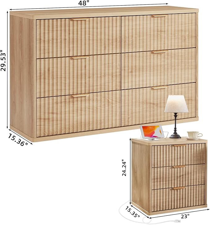 LEYAOYAO Fluted Dresser and Nightstand Sets, Wood 48" Wide Dresser & 23" Night Stand with Charging Station, 2 Piece Bedroom Furniture Set, Chest of Drawers for Bedroom, Home, Living Room,Wood