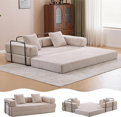 4-in-1 Convertible Folding Sleeper Sofa Bed, Fold Out Floor Sofa Couch with Fixed-Shape Frame, Cloud Corduroy Foldable Mattress Couch for Living Room Bedroom (77" Corduroy, Light Grey)