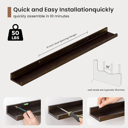 Picture Ledge Shelf, Floating Shelves Set of 2, 32 Inches Solid Wood Nursery Book Shelves for Toys Storage, Kids Bookshelf Wall Mounted for Living Room Bedroom Decor Books Photo Frames, Walnut