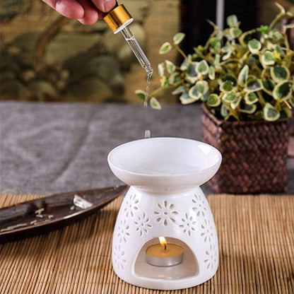 Ceramic Tea Light Holder, Aromatherapy Essential Oil Burner, Wax Warmer, Tealight Holder with White Floral Pattern for Home Decoration, 2PCS