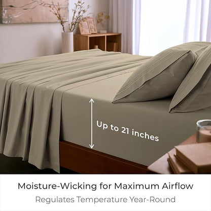 Mellanni California King Sheet Set - 6-Piece Iconic Collection Bedding, (Including 4 Pillowcases), 21-Inch Extra Deep Pocket, Easy Care, Ultra Soft, Cooling Sheets, Brushed Microfiber - New Beige