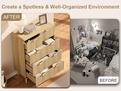 QUW Fluted Dresser for Bedroom with 5 Drawers, Modern 40.2" Tall Drawer Dressers with Metal Handle, Wooden Chest of Dresser for Living Room, Hallway, Natural Oak