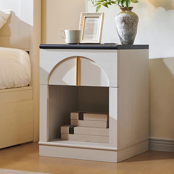 ACCOHOHO Modern Night Stand with Arched Panel,18" Wooden nightstand with Charging Station,Bedside Table with Drawer Storage,Side End Table with Open Shelf for Bedroom,Living Room,White