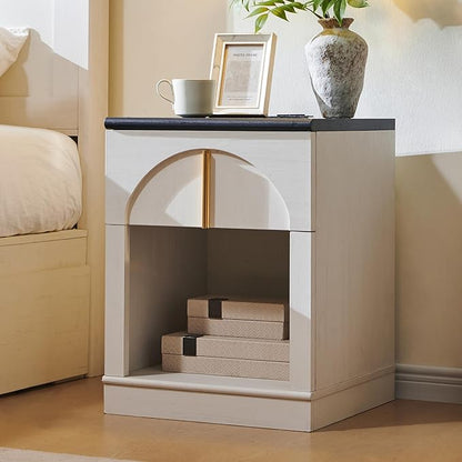 ACCOHOHO Modern Night Stand Set 2 with Arched Panel,18" Wooden nightstand with Charging Station,Bedside Table with Drawer Storage,Side End Table with Open Shelf for Bedroom,Living Room,White