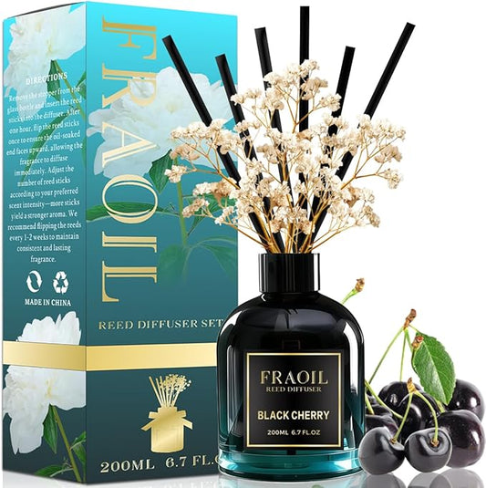 Black Cherry Reed Diffuser, Reed Diffuser Set 6.7 fl oz (200 ml) with 6 Reed Sticks, Home Fragrance Reed Diffuser for Bathroom Shelf House Bedroom Office Decor