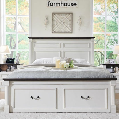Farmhouse Queen Size Bed Frame with 51" Tall Headboard, Wood Platform Bed Frame with 20" Tall Roman Column Decoration Footboard & 2 Large Storage Drawers, No Box Spring Needed (White)