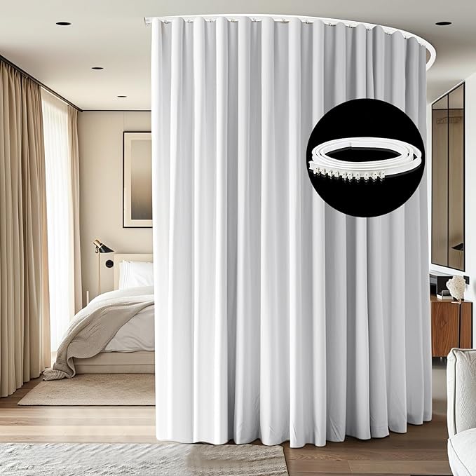 Room Divider Ceiling Mounted Curtains Track Sets Extra Wide Blackout Curtain Flexible Tracks for Bedroom Privacy Partition Separator, 1 Panel White Drape and White Rail, W10 x H9ft