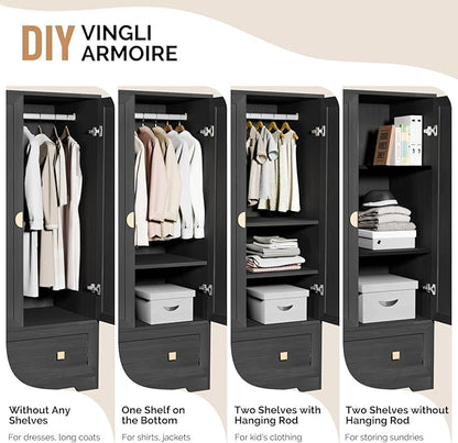 VINGLI Armoire Wardrobe Closet with Doors, 38" W Armoire Wardrobe Cabinet with Drawers and Hanging Rod, Black Wood Bedroom Armoires, 21" D x 38" W x 65" H