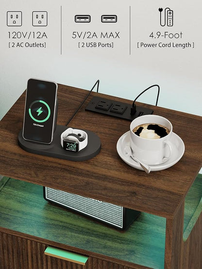Nightstand with Charging Station and LED Lights, Modern Bedside Table with 2 Storage Drawer and Open Wood Shelf for Bedroom and Small Spaces, Night Stand with Solid Wood Legs