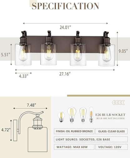 4 Light Bathroom Vanity Light, Morden Bathroom Vanity Lights Over Mirror Oil Rubbed Bronze Wall Sconce Light with Clear Glass Shade ZCVL01ORB-4