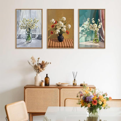 LHIUEM Large Vintage Botanical Floral Framed Canvas Wall Art,Boho White Daisy Vase Wall Decor,Modern Flower Sunshine Prints,Rustic Wildflower Artwork for Living Room,Bedroom,Dining Room,Office -24"x36"x3