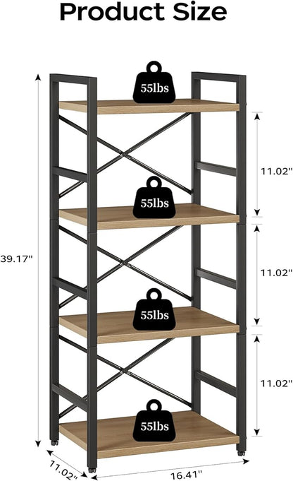Bookshelf, Kid's Bookshelf, 4 Tier Small Bookcase, Metal Small Bookcase, Book Shelf Organization and Storage for Living Room, Bedroom, and Home Office (Light Coffee)