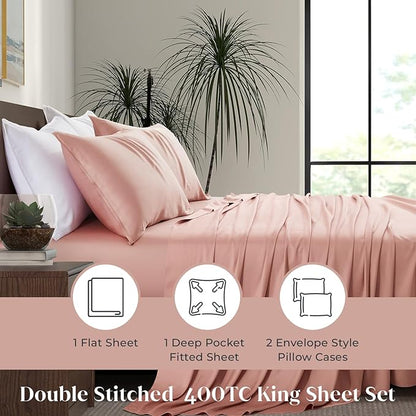 Luxury Bamboo Market | King Size Bed Sheet Set | 100% Viscose Made from Bamboo | Organically Grown | Ultra Soft | Cooling Sheets for Hot Sleepers | 17" Deep Pocket [Rose Quartz]