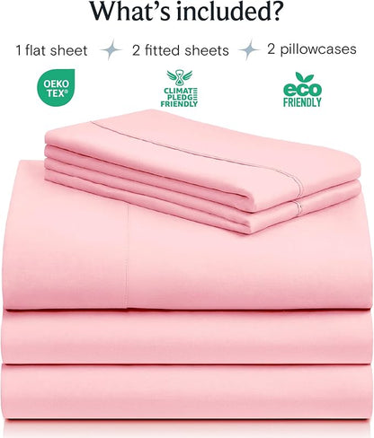 LuxClub 5 PC Split King Sheet Set, Deep Pockets Wrinkle Free Cooling Bed Sheets Hotel Bedding for Women, Men, Includes 1 Fitted Sheet, 1 Flat Sheet and 2 Pillowcases-Baby Pink