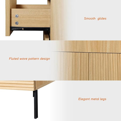 WAMPAT 63" W Fluted Dresser for Bedroom, 2 in 1 Modern 6 Drawer Dresser TV Stand with Hidden Handles, Wooden Chest of Drawers Closet Clothes Storage Organizer for Bedroom, Living Room, Oak