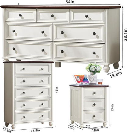 Farmhouse Dressers & Night Stand Set of 4, Wood 54" Wide Dresser & 45" Tall Chest of Drawers, 18" with Charging Station Nightstand Set of 2, Bedroom Furniture Dresser Set for Home Living Room Hallway