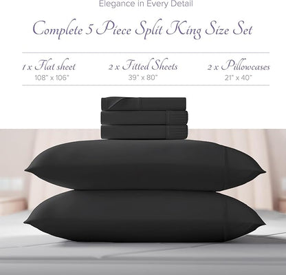 Carressa Linen Luxury Egyptian Cotton 5 PC Split King Size Sheet Set - 600 Thread Count Deep Pocket Fitted and Flat Sheet,Soft,Cooling Extra Long Staple Hotel-Quality Bedding with Sateen Weave - Black