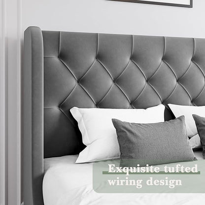 HOMBCK Grey Queen Bed Frame, Velvet Upholstered Platform Bed Frame with Headboard, Curved Wingback Design, Wooden Slats, No Box Spring, Noise Free, Easy Assembly