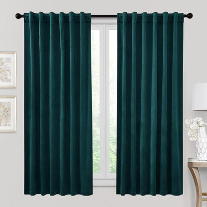 RYB HOME Peacock Blue Velvet Curtains & Drapes, 72 inches Noise Reducing Thermal Insulated Short Curtains for Office, W 52 x L 72, 2 Panels Set