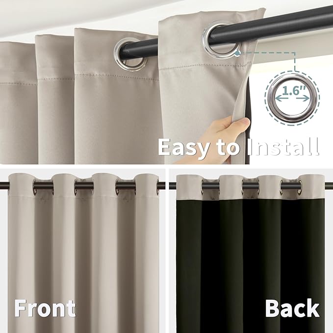 BGment Thermal Insulated 100% Blackout Curtains for Bedroom with Black Liner, Double Layer Full Room Darkening Noise Reducing Grommet Curtain (52 x 90 Inch, Cashmere, 2 Panels)