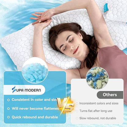 Cooling Bed Pillows Queen Size Set of 2, Shredded Memory Foam Pillows for Sleeping, Adjustable Firm Pillow for Side Back Stomach Sleepers, Gel Cool Pillow for Hot Sleepers Neck Support