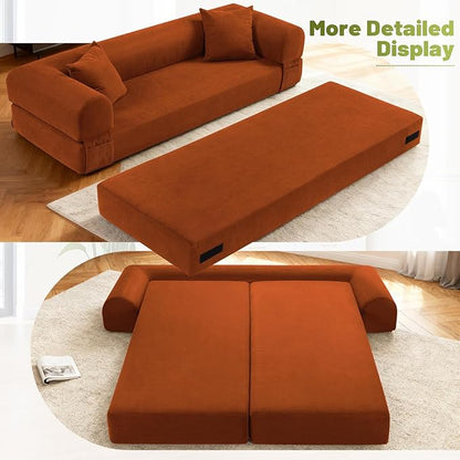Convertible Sleeper Sofa Bed,80" Futon Sofa Bed Queen with Storage,Corduroy Pull Out Couch with Bed,Boneless Couches for Living Room,Compressed Couch in a Box,Orange