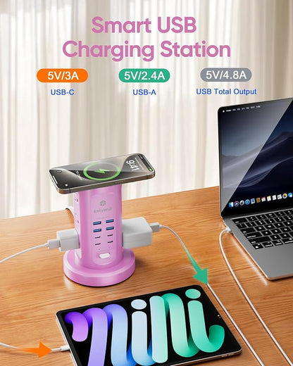Power Strip Tower, kakyanill Surge Protector Tower 9 AC Outlets 8 USB (4 USB C), 6 Ft Retractable Extension Cord, Charging Station for Office Dorm Room, Purple
