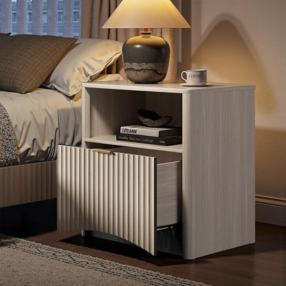 Evermagin Fluted Nightstand, Bedside Table with Drawer and Storage, Wood End Table Mid Century Modern, Large Night Stand for Bedroom, White Alder