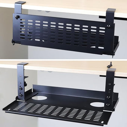 AEONS Universal Under Desk Cable Management Tray-Clamp Mount Hinged Swing Modesty Panel Organizer for Office Desks, Easy Access Flip-Down Position Power Strip Cord Storage No-Drill, 25 lb Capacity