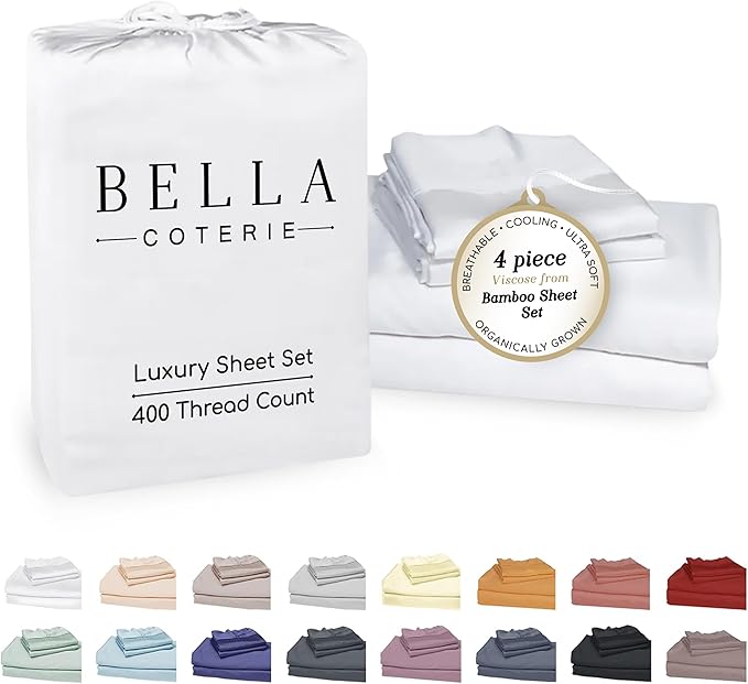 Bella Coterie Luxury Bamboo Viscose Queen Size Sheet Set | 100% Organically Grown | Ultra Soft | Cooling for Hot Sleepers | 18" Deep Pocket [White]