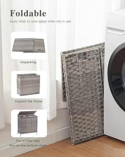 Laundry Hamper with Lid 132 L, (35 Gallons) Clothes Hamper with Lid, Handwoven Rattan Laundry Hamper with Metal Heightened Feet, Laundry Hampers with 3 Removable Liner Bags for Laundry-Gray