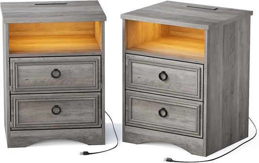 Large Nightstand Set of 2 with Drawers,17.7"W Accent Night Stand with Charger Station LED Lights, Bed Side Table with 2 Drawers, End Table with Easy Open Storage for Bedroom, Living Room,Gray
