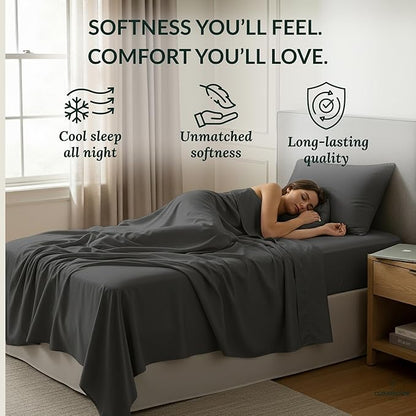 Cloud Scape Linen 100% Egyptian Cotton Sheets Twin Size, 3 Pieces Luxury Bedding Set, 400 Thread Count,Hotel Quality, Silky Soft, Breathable and Durable, Deep Pockets up to 15, Charcoal