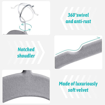 Premium Velvet Shirt Hangers 30 Pack, Space-Saving Non-Slip Felt Hanger with 360° Swivel Hook, Slim Flocked Hangers for Strappy Dresses, Blouses, Tank Tops(Grey)