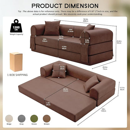 78.5" Convertible Sleeper Sofa Bed, Faux Leather Folding Floor Sofa with Pullout Bed&2 Pillows, No Assembly Modern Boneless Couch Compression Sofa in Box with Storage Pocket for Living Room, Brown